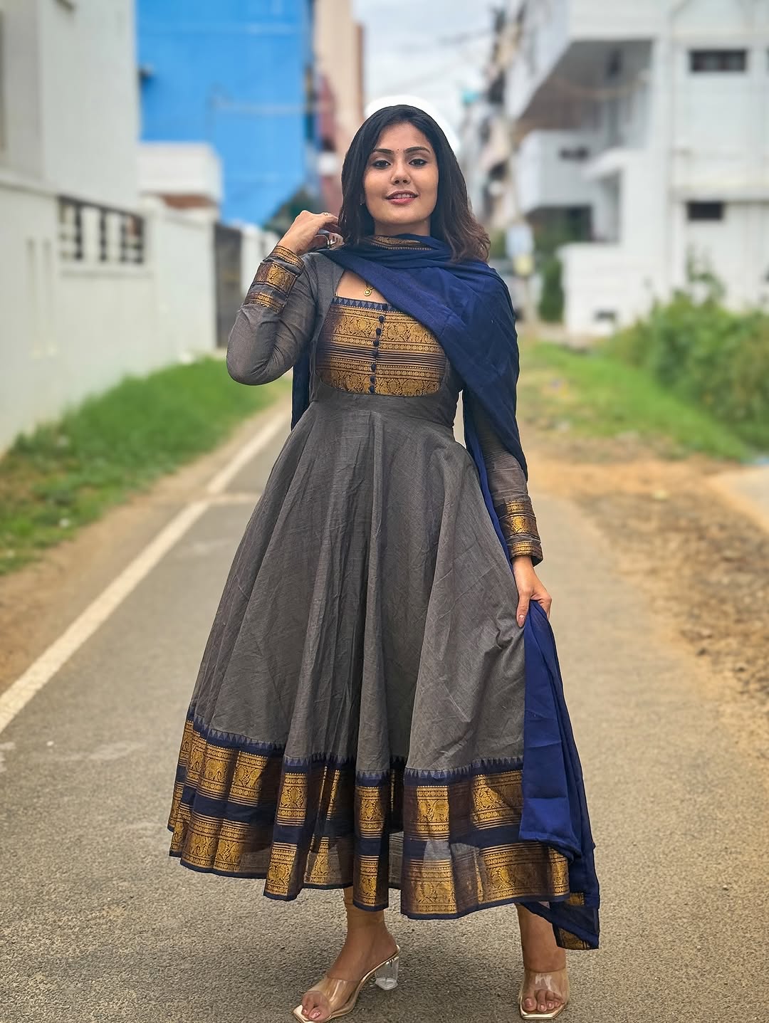 Anarkali Pure Kanchi Cotton With Antique Detailing Zari On Yoke And Borders