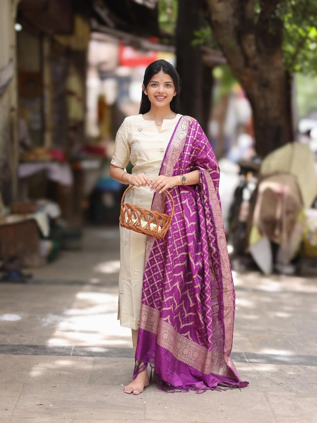 Rajvi Our Tissue Handwork Kurti And Banaras Silk Shawl Set