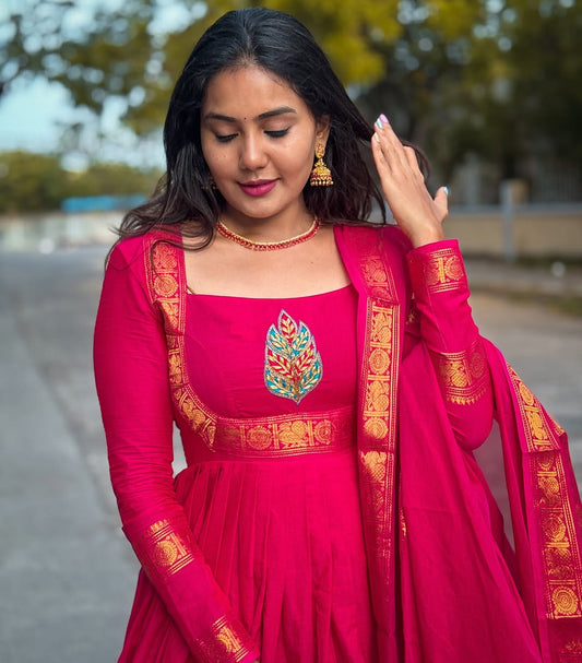 Elegant Chettinad Cotton Long Gown With Dupatta
