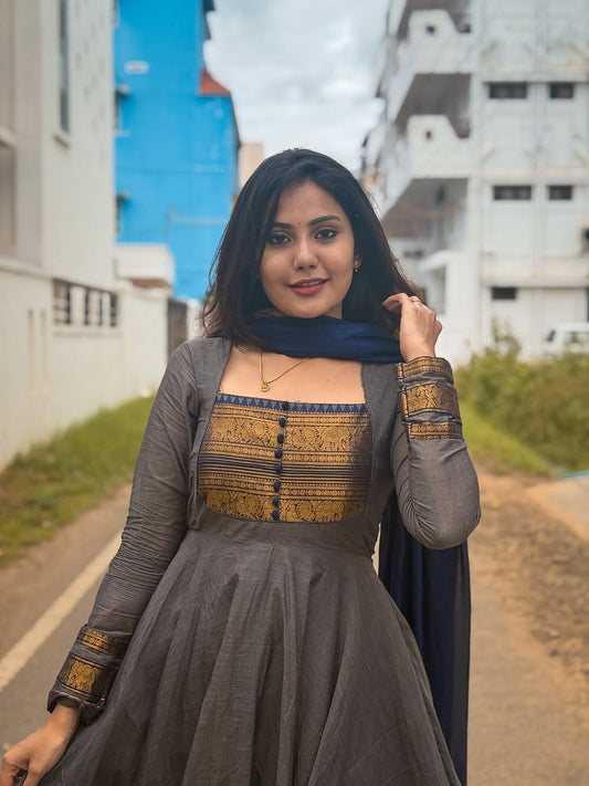 Anarkali Pure Kanchi Cotton With Antique Detailing Zari On Yoke And Borders