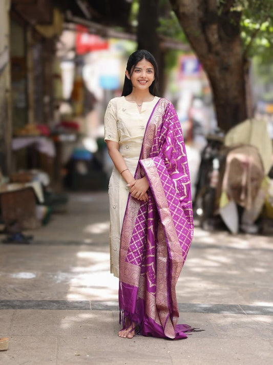 Rajvi Our Tissue Handwork Kurti And Banaras Silk Shawl Set